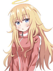 Rule 34 | 1girl, :o, angel, blonde hair, blush, commentary request, gabriel dropout, gabriel tenma white, hair between eyes, halo, highres, isgod, jacket, long hair, long sleeves, looking at viewer, open mouth, red jacket, simple background, solo, standing, track jacket, upper body, white background, zipper