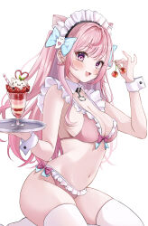 1girl :3 absurdres animal_ears aqua_bow bare_shoulders bikini black_choker blush bow braid breasts cat_choker cat_ears cat_girl cherry choker cleavage collar cup detached_collar extra_ears fingernails food frilled_bikini frills fruit ghost_hair_ornament hair_bow highres holding holding_cherry holding_tray ice_cream indie_virtual_youtuber large_breasts looking_at_viewer maid_headdress nail_polish navel o-ring o-ring_choker open_mouth oyuharu pink_bikini pink_bow pink_eyes pink_hair pink_nails seiza simple_background sitting smile solo stomach sundae swimsuit thighhighs thighs tray virtual_youtuber white_background white_collar white_thighhighs white_wrist_cuffs wrist_cuffs yuuki_sakuna