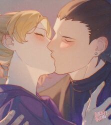 1boy 1girl artist_name black_hair blonde_hair blush burin_burin closed_eyes couple husband_and_wife kiss nara_shikamaru naruto_(series) piercing signature temari_(naruto) upper_body