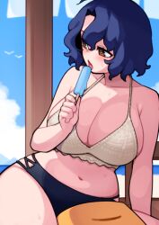 1boy 1girl armpits beach bikini blue_hair blue_sky blush breasts brown_eyes cleavage cloud cloudy_sky collarbone dot_nose eyelashes food forehead holding holding_food holding_popsicle hot huge_breasts idolmaster idolmaster_million_live! idolmaster_million_live!_theater_days kwaejina looking_to_the_side navel ocean outdoors p-head_producer parted_bangs popsicle producer_(idolmaster) short_hair sitting sky sweat swimsuit toyokawa_fuka wavy_hair yokozuwari