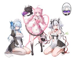 1boy 3girls :q aalto_(wuthering_waves) ahoge alternate_costume apron bare_shoulders black_dress black_flower black_shoes black_socks blake_bloom_(wuthering_waves) blush breasts butterfly_hair_ornament camellya_(wuthering_waves) cleavage closed_mouth clothing_cutout cloudy_(wuthering_waves) collarbone colored_eyelashes commentary_request cosmos_(wuthering_waves) crossed_bangs dress elbow_gloves encore_(wuthering_waves) enmaided flower flying_sweatdrops four-finger_heart_hands full_body gloves hair_between_eyes hair_flower hair_ornament hair_vines hand_on_own_chest headdress heart heart_hair_ornament heart_hands highres juliet_sleeves kneehighs kneeling korean_commentary large_breasts light_blush long_hair long_sleeves looking_at_viewer low_twintails maid maid_headdress multiple_girls navel navel_cutout no_shoes pink_dress pink_hair puffy_sleeves purple-tinted_eyewear purple_eyes purple_pupils red_pupils seiza shoes shorekeeper_(wuthering_waves) short_hair short_twintails simple_background single_elbow_glove single_thighhigh sitting small_breasts smile socks sunglasses tacet_mark_(wuthering_waves) thighhighs tinted_eyewear tongue tongue_out twintails white_apron white_background white_gloves white_hair white_thighhighs wuthering_waves zua_(2vziu)