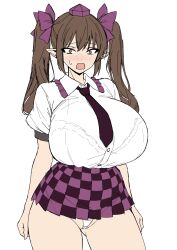 Rule 34 | 1girl, black necktie, black skirt, bra, breasts, brown eyes, brown hair, checkered clothes, checkered skirt, commentary, cowboy shot, hat, high-waist skirt, highres, himekaidou hatate, huge breasts, long hair, miniskirt, musuka (muska), necktie, open mouth, panties, pink pupils, pleated skirt, pointy ears, purple hat, purple skirt, see-through clothes, see-through shirt, shirt, short sleeves, simple background, skirt, solo, surprised, sweatdrop, symbol-only commentary, tokin hat, touhou, twintails, underwear, variant set, white background, white panties