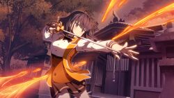 1girl aratama_(toji_no_miko) architecture black_bow black_bowtie bow bowtie breasts brown_hair brown_skirt building closed_mouth game_cg grey_eyes holding holding_sword holding_weapon jacket long_sleeves looking_at_viewer medium_breasts nitta_hirona non-web_source official_art orange_jacket osafune_girls_academy_school_uniform outdoors pleated_skirt rapier school_uniform shirt short_hair skirt solo sword toji_no_miko toji_no_miko:_kizamishi_issen_no_tomoshibi tree weapon white_shirt winter_uniform