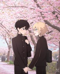 2boys :d absurdres alternate_costume alternate_universe antenna_hair aoiro_arts artist_name bag basil_(faraway)_(omori) basil_(omori) black_bag black_eyes black_hair black_jacket black_pants blonde_hair blue_sky bright_pupils buttons cherry_blossoms commentary cowboy_shot day double-parted_bangs english_commentary eye_contact face-to-face fence green_eyes hair_behind_ear hair_between_eyes highres holding holding_bag holding_hands jacket layered_sleeves long_sleeves looking_at_another male_focus multiple_boys omori open_mouth pants parted_lips photo_background pinky_out profile raised_inner_eyebrows school_bag shirt short_hair shoulder_bag sideways_mouth sky smile standing sunny_(omori) three_quarter_profile turtleneck turtleneck_jacket very_short_hair white_pupils white_shirt yaoi