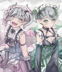 2girls apron arianna_the_labrynth_servant black_corset black_gloves breasts checkered_floor cleavage closed_mouth collarbone corset demon_girl demon_horns demon_tail demon_wings detached_sleeves dress duel_monster frilled_apron frilled_dress frilled_sleeves frills gloves green_eyes green_tail green_wings grey_hair hair_between_eyes hair_ornament highres horns long_sleeves looking_at_viewer lovely_labrynth_of_the_silver_castle maid maid_apron maid_headdress makitekka medium_breasts multiple_girls open_mouth pink_eyes pink_tail pink_wings pointy_ears sitting small_breasts tail twintails wings yu-gi-oh!