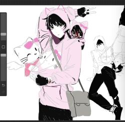 Rule 34 | animal hood, arm over head, art program in frame, bag, bags under eyes, black hair, black sclera, black shoes, blood, blood on face, bow, c1grhin, cat hood, colored sclera, cry of fear, drawn ears, drawn whiskers, drawn wings, dual persona, grin, hand on own hip, hello kitty, hello kitty print, hood, hoodie, lying, multiple views, on back, on floor, one eye closed, pink bow, pink hoodie, pink shirt, red eyes, red pupils, sanrio, shirt, shoes, shoulder bag, simon henriksson, simon henriksson (book), sitting, sketch, smile, standing, v