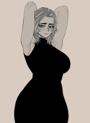 Rule 34 | 1girl, arms behind back, black dress, blush, boku no hero academia, breasts, cullieon, dress, greyscale, highres, lady nagant, large breasts, looking at viewer, monochrome, multicolored hair, short hair