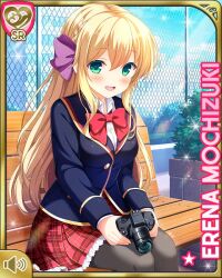 1girl bench blazer blonde_hair blue_jacket blush bow bowtie braid breasts card_(medium) cyberagent day female_focus frilled_skirt frills girlfriend_(kari) green_eyes hair_ribbon jacket large_breasts long_hair mochizuki_erena official_art open_mouth outdoors park_bench plaid_clothes plaid_skirt pleated_skirt qp:flapper red_bow red_skirt ribbon school_uniform shirt sitting skirt smile tagme white_shirt