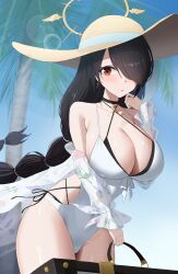 1girl absurdres bag bikini black_bikini black_hair blue_archive blush braid braided_ponytail breasts choker cleavage collarbone commentary_request criss-cross_halter cross cross_earrings earrings hair_over_one_eye halo halterneck hat highres hinata_(blue_archive) hinata_(swimsuit)_(blue_archive) holding holding_bag jewelry large_breasts long_hair official_alternate_costume one-piece_swimsuit one_eye_covered palm_tree red_eyes rk_(cc15915r) solo sun_hat swimsuit thighs tree very_long_hair white_one-piece_swimsuit white_swimcap yellow_halo