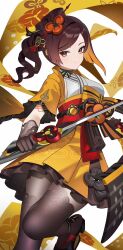 1girl black_gloves black_pantyhose brown_hair chiori_(genshin_impact) closed_mouth drill_hair drill_ponytail genshin_impact gloves hair_ornament hairpin highres japanese_clothes looking_at_viewer medium_hair obi pantyhose red_eyes sandals sash short_sleeves side_ponytail simple_background solo sword vision_(genshin_impact) weapon white_background yuujin_(yuzinn333)