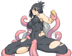 1girl black_hair bodysuit boku_no_hero_academia bound bound_legs bound_wrists breasts commentary_request covered_navel dyun feet_out_of_frame gloves hair_between_eyes large_breasts mole mole_under_mouth penis_tentacle shimura_nana simple_background solo spread_legs sweat tentacles toned torn_clothes white_background