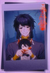 1boy 1girl absurdres bandaged_arm bandaged_neck bandages black_eyes black_hair black_jacket character_doll chinese_commentary chromatic_aberration collared_shirt commentary_request facial_tattoo grin highres jacket li_yuting_(female) long_sleeves male_focus open_clothes open_jacket photo_(object) shirt short_hair_with_long_locks smile solo tattoo touqi_guaitan white_shirt xiaoxiao_(dashayu28446) ziche_fuzhao