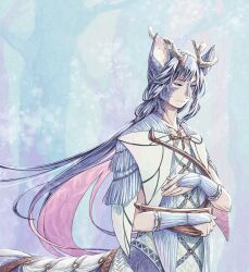 1boy animal_ear_fluff animal_ears antlers blue_eyes blue_fur blue_hair bridal_gauntlets brown_hair centauroid collarbone colored_inner_hair deer_boy deer_ears facial_hair floating_hair forest fringe_trim harp holding holding_instrument horns instrument layered_clothes long_hair looking_down low-tied_sidelocks male_focus monster_boy multicolored_hair nature original pink_hair sad short_sleeves sidelocks solo taur two-tone_hair upper_body very_long_hair watari_taichi