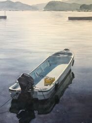 boat bucket eyvzi172xqdkvs7 highres lake motor_vehicle mountain mountainous_horizon no_humans original painting_(medium) reflection reflective_water rope scenery shore traditional_media vehicle_focus water watercolor_(medium) watercraft