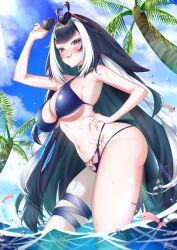 1girl ahoge belt_collar bikini black_hair blue_bikini blue_collar blush body_markings breasts cetacean_tail collar criss-cross_halter day facial_mark fins fish_tail halterneck hand_on_own_hip heart heart-shaped_eyewear heart_ahoge highres indie_virtual_youtuber kakizuki5 large_breasts long_hair looking_at_viewer multicolored_hair orca_girl outdoors parted_lips purple_eyes shylily shylily_(bikini) solo standing streaked_hair sunglasses swimsuit tail virtual_youtuber water white_hair