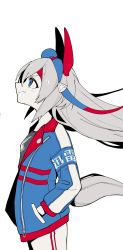 1girl animal_ears bad_id bad_twitter_id blue_eyes closed_mouth clothes_writing ear_covers fang floating_hair from_side grey_hair hair_between_eyes hairband hand_in_pocket hands_in_pockets hattori_(omegamega1001) headband highres horse_ears horse_tail jacket long_hair long_sleeves looking_up pants profile simple_background skin_fang solo tail tamamo_cross_(umamusume) umamusume upper_body white_background