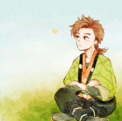 1boy black_hakama black_shirt blue_sky bokujou_monogatari bokujou_monogatari:_mittsu_no_sato_no_taisetsuna_tomodachi brown_eyes brown_hair bug butterfly closed_mouth collarbone crossed_arms expressionless full_body green_haori hair_bobbles hair_ornament hakama hakama_pants haori hinata_(bokujou_monogatari) indian_style insect japanese_clothes jinbei_(clothes) light_particles looking_at_animal looking_to_the_side male_focus on_grass orange_butterfly orange_shirt pants paper_texture parted_bangs rattail salad726 sandals shirt short_hair side_part sitting sky solo spiked_hair three-quarter_sleeves zouri