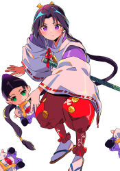 Rule 34 | 1boy, black hair, character doll, closed mouth, doll, full body, houjou tokiyuki (nige jouzu no wakagimi), japanese clothes, long hair, male focus, nige jouzu no wakagimi, pants, ponytail, purple eyes, red pants, sanamaru (sana79261827), simple background, solo, suwa yorishige (nige jouzu no wakagimi), sweatdrop, white background