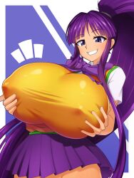 1girl bow breasts eiken gigantic_breasts groping_breast grabbing_own_breast highres huge_breasts impossible_clothes izuthree long_hair misono_kirika nipples no_panties ponytail purple_eyes purple_hair purple_skirt school_uniform skirt smile very_long_hair