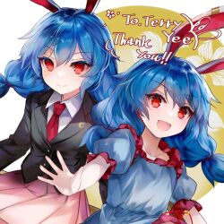 2girls animal_ears black_jacket blue_dress blue_hair closed_mouth collarbone collared_shirt commentary commission crescent crescent_pin dress dual_persona english_commentary english_text floral_background frills hair_between_eyes hand_up jacket kutsuki_kai lapels long_hair long_sleeves looking_at_viewer low_twintails multiple_girls necktie open_mouth pink_skirt pleated_skirt puffy_short_sleeves puffy_sleeves rabbit_ears rabbit_girl red_eyes red_necktie seiran_(touhou) shirt short_sleeves skeb_commission skirt smile thank_you touhou twintails upper_body white_shirt