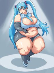 Rule 34 | 1girl, absurdres, alphavitus, aqua eyes, aqua hair, artist request, belly grab, between breasts, bike shorts, black gloves, black shorts, black socks, breasts, cameltoe, cleavage, cleavage cutout, clothing cutout, crop top, elbow gloves, fat, fat woman, gloves, grey background, hair ornament, hatsune miku, highres, large breasts, long hair, long twintails, navel, necktie, necktie between breasts, obese, open mouth, plump, shaded face, shoes, shorts, socks, solo, spotlight, standing, sweat, twintails, very long hair, vocaloid