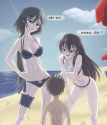 00s 10s 1boy 2girls age_difference akira_ferrari aria_(manga) back beach bikini black_hair blue_sky breasts brown_eyes crossover day earrings english_text frilled_thigh_strap hand_on_another&#039;s_head hand_on_own_hip height_difference hetero highres infinite_stratos jewelry jiffic long_hair medium_breasts meme multiple_girls navel ocean orimura_chifuyu outdoors pale_skin ponytail red_eyes shota side-tie_bikini_bottom sky swimsuit tankini text_focus thigh_strap you_gonna_get_raped