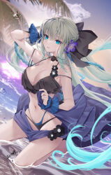 1girl air_bubble akatsuki_hijiri bare_shoulders bikini black_bikini black_bow black_bridal_gauntlets blue_eyes bow braid breasts bridal_gauntlets bubble closed_mouth cloud fate/grand_order fate_(series) floating_hair flower grey_hair hair_bow highres kneeling large_breasts long_hair looking_to_the_side morgan_le_fay_(fate) multicolored_hair navel outdoors ponytail sidelocks sky solo stomach swimsuit very_long_hair