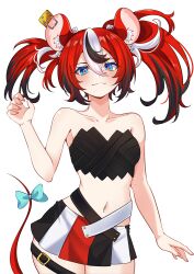 1girl :3 absurdres animal_ear_fluff animal_ears bare_arms bare_shoulders black_collar black_hair black_tube_top blue_eyes bow breasts collar colored_tips commentary_request cowboy_shot crossed_bangs cyanzan dice_hair_ornament double-parted_bangs hair_between_eyes hair_ornament hakos_baelz hakos_baelz_(1st_costume) hand_up highres hololive hololive_english looking_at_viewer midriff miniskirt mouse_ears mouse_girl mouse_tail mousetrap multicolored_hair multicolored_skirt navel pleated_skirt red_hair simple_background skirt small_breasts solo spiked_collar spikes straight-on strapless streaked_hair tail tail_bow tail_ornament tube_top twintails uneven_twintails virtual_youtuber white_background white_hair