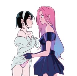 2girls alien_stage black_dress black_gloves black_hair blue_hair blush bob_cut clothes_lift commentary dress dress_lift earrings english_commentary gloves gradient_hair hairband highres jewelry juliet_sleeves long_hair long_sleeves mizi_(alien_stage) multicolored_hair multiple_girls neck_tattoo off-shoulder_dress off_shoulder panties pink_hair pink_panties puffy_sleeves short_hair sua_(alien_stage) tattoo the_quipper two-tone_hair underwear very_long_hair white_dress white_gloves white_hairband yuri