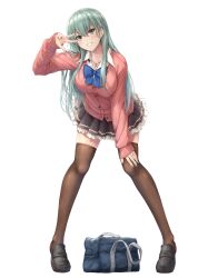 1girl absurdres bag black_shoes blue_bow blue_bowtie blush bow bowtie breasts brown_skirt brown_thighhighs cardigan fingernails frilled_skirt frills full_body green_eyes green_hair green_nails grin hair_ornament hairclip highres jewelry kantai_collection large_breasts long_hair long_sleeves looking_at_viewer nail_polish pink_cardigan pleated_skirt ring school_bag shoes simple_background skirt smile solo suien suzuya_(kancolle) suzuya_(school_girl)_(kancolle) thighhighs v wedding_ring white_background