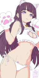 &lt;o&gt;_&lt;o&gt; 1girl animal_ear_fluff animal_ears animal_hands bare_shoulders bell bikini bra breasts cat_ears cat_lingerie cat_paws choker cleavage_cutout clothing_cutout dutch_angle fake_animal_ears fern_(sousou_no_frieren) frilled_bra frills highres long_hair looking_at_viewer medium_breasts meme_attire navel neck_bell panties paw_pose purple_eyes purple_hair side-tie_bikini_bottom skindentation solo sousou_no_frieren standing stomach swimsuit underwear very_long_hair white_background white_bra white_choker white_panties xel4