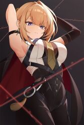 &gt;:( 1girl arm_strap arms_behind_head black_background black_cape black_gloves black_pants blonde_hair blue_eyes blunt_bangs blurry breasts cape commentary_request depth_of_field elbow_gloves evelyn_chevalier from_below gloves highres leather leather_pants light_particles looking_at_viewer mole mole_under_eye necktie noa_(noa01010) pants red_cape shirt short_hair_with_long_locks sideboob single_glove sleeveless sleeveless_shirt solo string string_of_fate tassel tsurime two-tone_cape v-shaped_eyebrows white_shirt yellow_necktie zenless_zone_zero