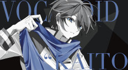 13165075695 1boy absurdres blue_eyes blue_scarf character_name commentary copyright_name hair_between_eyes highres holding jacket kaito_(vocaloid) looking_at_viewer male_focus mindscape_cinema_(zenless_zone_zero) parted_lips portrait scarf short_hair solo spot_color symbol-only_commentary vocaloid