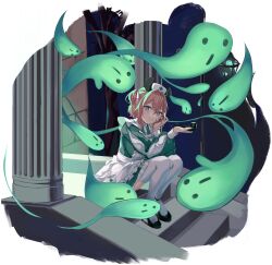 Rule 34 | 1girl, absurdres, brown hair, full body, green eyes, green skirt, hat, highres, indie virtual youtuber, night, nimi nightmare, nurse cap, rooby n, sitting, sitting on stairs, skirt, smoking pipe, stairs, thighhighs, virtual youtuber, white thighhighs