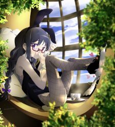 1girl adjusting_eyewear akemi_homura animal_ears black_bow black_bowtie black_hair bow bowtie braid cloud cloudy_sky cup fake_animal_ears glasses hand_on_eyewear heart highres kyubey leg_up leotard mahou_shoujo_madoka_magica pillow plant playboy_bunny purple_bow purple_eyes rabbit_ears rabbit_tail red-framed_eyewear sengoku_chidori sky steam stepped_on sunlight tail teacup thighhighs thighs twin_braids window wrist_cuffs
