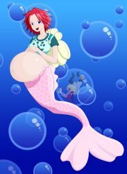 1boy 1girl backpack bad_id bag bubble camie_(one_piece) green_shirt hand_on_own_stomach mermaid monster_girl ocean one_piece open_mouth pink_tail pregnant red_hair sanji_(one_piece) seashell shell shirt sivomaniacal spiked_hair submerged swimming underwater