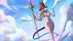 1girl absurdres alanscampos animal_ears breasts burmecian cleft_of_venus cloud dragoon final_fantasy final_fantasy_ix freija_crescent furry furry_female green_eyes hat highres long_hair magic mouse_tail nipples polearm pussy ribbon sharp_nails sky snout solo spear tail tail_ornament tail_ribbon weapon white_hair