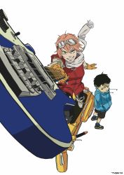 1boy 1girl boots carsonrthorn flcl goggles goggles_on_head green_eyes guitar haruhara_haruko highres instrument motor_vehicle nandaba_naota one_eye_closed pink_hair scooter simple_background teeth vespa white_background white_footwear