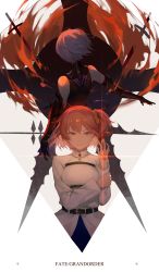 2girls absurdres bad_id bad_pixiv_id chaldea_uniform collared_shirt command_spell copyright_name english_text fate/grand_order fate_(series) fujimaru_ritsuka_(female) hair_ornament hair_scrunchie highres hoirn looking_at_viewer mash_kyrielight multiple_girls orange_eyes orange_hair pink_hair scrunchie shirt skirt