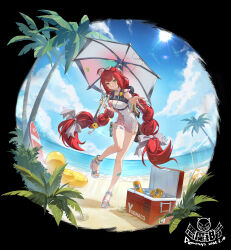 Rule 34 | 1girl, absurdres, ahoge, artist name, bandaid, bare legs, beach, beach umbrella, blue sky, bottle, bow, braid, breasts, can, chinese text, cloud, cloudy sky, cooler, copyright name, day, dress, emo qianzi, english text, full body, green eyes, hair bow, hair ornament, highres, holding, kamanosuke (zenless zone zero), large breasts, logo, long hair, looking at viewer, ocean, official alternate costume, outdoors, palm tree, raccoon tail, red hair, sand, sandals, see-through clothes, sign, sky, smile, solo, standing, standing on one leg, sun, surfboard, swim ring, swimsuit, tail, tree, twin braids, twintails, ukinami yuzuha, ukinami yuzuha (tanuki in broad daylight), umbrella, very long hair, yellow eyes, zenless zone zero