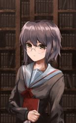 Rule 34 | 1girl, absurdres, blue sailor collar, book, bookshelf, brown cardigan, brown eyes, cardigan, closed mouth, commentary request, glasses, highres, holding, holding book, kita high school uniform, long sleeves, looking at viewer, momogu, nagato yuki, nagato yuki-chan no shoushitsu, purple hair, red ribbon, ribbon, sad, sailor collar, school uniform, serafuku, short hair, solo, suzumiya haruhi no shoushitsu, suzumiya haruhi no yuuutsu, upper body