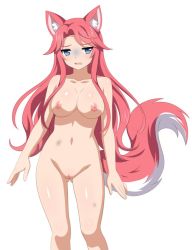 1girl animal_ears bikini blue_eyes blush breasts bruise completely_nude female_focus fox_ears fox_girl fox_tail game_cg injury jewelry large_breasts legs long_hair navel necklace nipples nude pussy red_hair sakura_dungeon shiny_skin simple_background solo swimsuit tail uncensored white_background yomi_(sakura_dungeon)