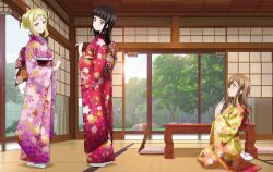3girls aqua_eyes artbook black_hair blonde_hair blunt_bangs blush brown_hair cushion day floral_print hair_ornament hairclip hairpin highres indoors japanese_clothes kimono kunikida_hanamaru kurosawa_dia long_hair looking_at_viewer love_live! love_live!_sunshine!! mole mole_under_mouth multiple_girls non-web_source obi official_art ohara_mari open_mouth pink_kimono red_kimono sash seiza sitting sliding_doors smile standing tabi table tatami tree wide_sleeves yellow_eyes