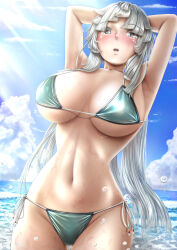 1girl absurdres armpits arms_up bare_shoulders bikini blue_sky blush breasts cleavage collarbone drummeratti2 fate/grand_order fate/samurai_remnant fate_(series) green_bikini green_eyes grey_hair highres large_breasts long_hair looking_at_viewer navel nipples ocean open_mouth ponytail sidelocks sky solo swimsuit thighs very_long_hair yui_shousetsu_(fate)