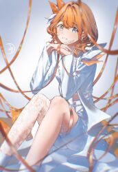 1girl absurdres ankle_boots blurry boots bow brown_hair buttoned_cuffs buttons chromatic_aberration crop_top depth_of_field earrings elbow_rest elbows_on_knees eyelashes fabric feet_out_of_frame fingernails floral_print glint gradient_background grey_background grey_eyes hair_bow hanasato_minori head_on_hands head_rest high-waist_shorts highres jacket jewelry knees_up lapels legs_apart light_blush light_particles limited_palette looking_at_viewer medium_hair official_alternate_costume official_alternate_hairstyle on_floor orange_bow orange_nails orange_ribbon orange_theme own_hands_together pantyhose pearl_earrings project_sekai qunqingyue ribbon rose_print shorts signature simple_background single_bare_leg single_leg_pantyhose sitting smile solo swept_bangs tareme two-tone_bow waist_cape wavy_hair white_background white_boots white_bow white_jacket white_pantyhose white_shorts white_theme zozotown