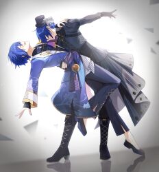 Rule 34 | 25-ji kaito, 2boys, absurdres, black boots, black gloves, black hat, black overskirt, black pants, black shirt, black shoes, blue hair, blue nails, boots, closed eyes, coat, commentary, dancing, dip (dance move), dual persona, earrings, english commentary, flats, gloves, hair over eyes, hat, highres, jewelry, juliet sleeves, kaito (vocaloid), knee boots, long sleeves, maima (rrs 0222), male focus, mini hat, mini top hat, multiple boys, open mouth, pants, project sekai, puffy sleeves, shirt, shoes, short hair, smile, top hat, vocaloid, waltz (dance), wonderlands x showtime kaito