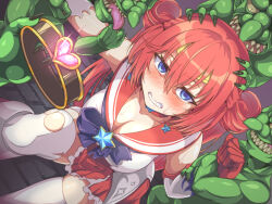1girl 4boys blue_eyes blush breasts choker cleavage clenched_teeth colored_skin defeat deni_m double_bun elbow_gloves gloves goblin green_skin hair_bun imminent_rape indie_virtual_youtuber jewelry kisaragi_karen_(vtuber) large_breasts long_hair looking_at_viewer magical_girl monster multiple_boys orc peril pleated_skirt red_hair red_sailor_collar red_skirt restrained sailor_collar skirt star_(symbol) sweat teeth thighhighs tiara tongue torn_clothes white_thighhighs