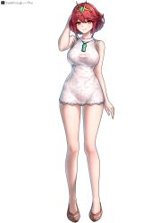 1girl bare_shoulders breasts chest_jewel core_crystal_(xenoblade) dress full_body highres large_breasts looking_at_viewer making-of_available pyra_(xenoblade) red_eyes red_hair riro_(breakthrough_rr) short_dress short_hair simple_background solo tiara white_background xenoblade_chronicles_(series) xenoblade_chronicles_2