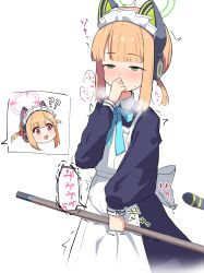 Rule 34 | 2girls, ?, ??, animal ear headphones, animal ears, apron, black dress, blonde hair, blue archive, blush, discreet vibrator, dress, fake animal ears, green eyes, green halo, halo, headphones, highres, implied masturbation, long sleeves, maid, maid apron, maid headdress, masturbation, midori (blue archive), midori (maid) (blue archive), momoi (blue archive), momoi (maid) (blue archive), multiple girls, nayamy, pink halo, red eyes, siblings, simple background, sisters, stealth masturbation, twins, white apron, white background