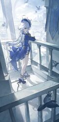 1girl absurdres ahoge balcony bird black_bird black_shoes blue_dress blue_eyes blue_hat chain commentary_request day dress floating_hair from_side full_body furina_(genshin_impact) genshin_impact gloves hair_intakes hand_on_own_chin hat head_rest high_heels highres long_hair long_sleeves low_twintails outdoors parted_lips pupubutong shoes shorts socks solo standing thigh_strap twintails white_gloves white_hair white_shorts white_socks